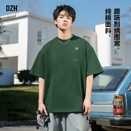 青少年绿色短袖t恤男纯棉宽松夏季刺绣上衣2025新款宽松圆领体恤商品大图