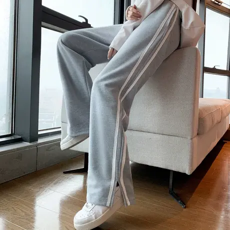 唐狮条纹裤女美式运动新款秋冬窄版阔腿裤子开叉加绒休闲卫裤商品大图