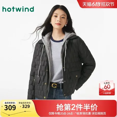热风2024年冬季新款女士翻领压胶轻薄羽绒服短款舒适百搭鸭绒外套图片