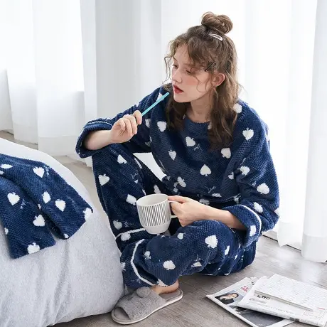 秋鹿睡衣女款秋冬季长袖套头珊瑚绒加厚甜美爱心法兰绒家居服套装商品大图