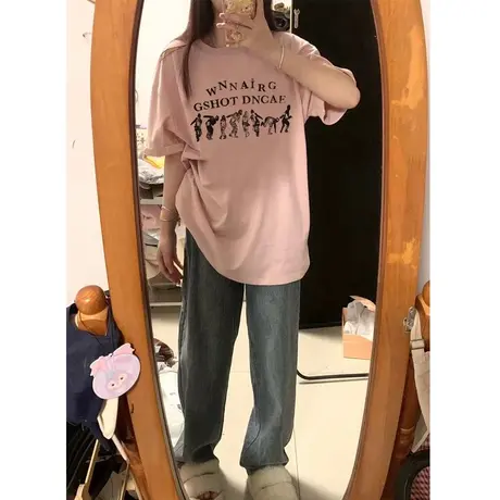 韩版chic大码t恤女oversize宽松半袖设计感小众短袖ins粉色上衣夏商品大图