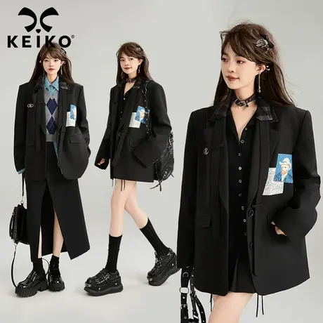 KEIKO 文艺感贴布印花黑色西装外套女2025春季设计感飘带饰小西服图片