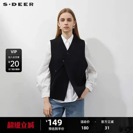 sdeer圣迪奥女装秋V领斜襟拼接黑色针织马甲S23181602图片