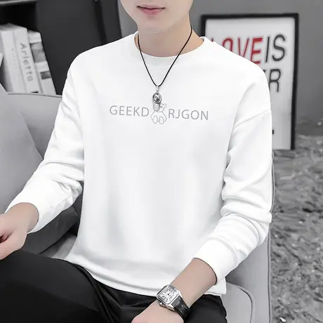 男士卫衣2023新款春秋款潮流小熊圆领无帽上衣服加绒白色长袖t恤商品大图