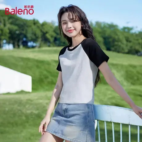 班尼路黑色休闲紧身短袖女2025夏季新款高级显瘦薄款半袖打底衫N商品大图