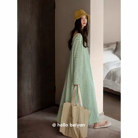 贝妍新款睡衣女春秋季柔软莫代尔棉长袖睡裙休闲条纹度假风连衣裙商品大图