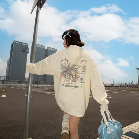 YEP复古印花连帽卫衣女春秋2025年新款潮牌帽衫宽松oversize外套图片