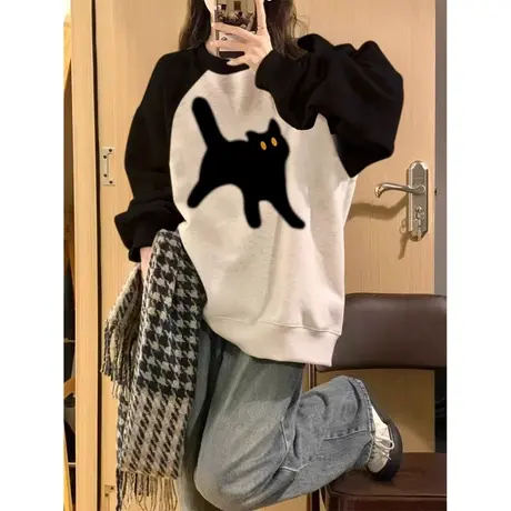 vintage韩系港味圆领无帽卫衣女春秋百搭宽松撞色薄款插肩袖上衣商品大图