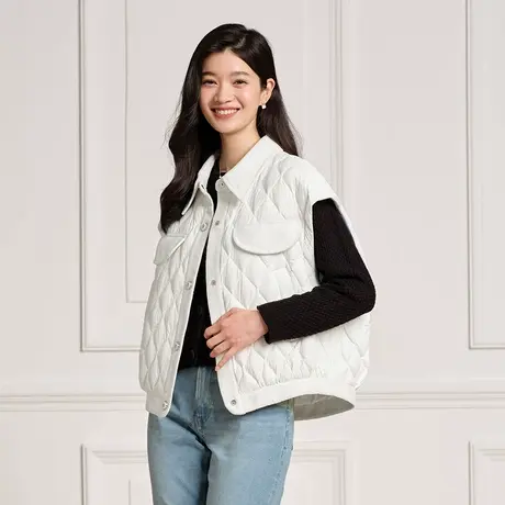 坦博尔奥莱官方正品小香风羽绒马甲女短款轻薄无袖拼接翻领外套潮商品大图