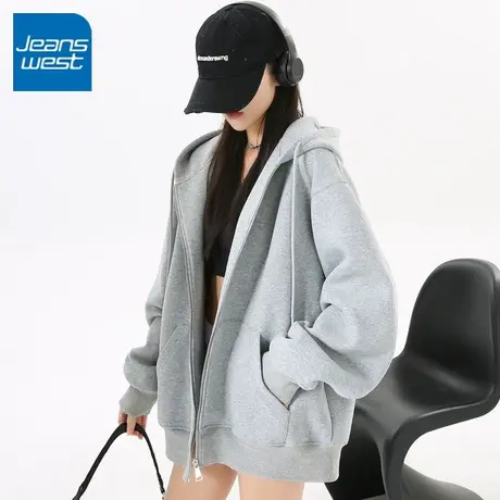 KV真维斯灰色连帽卫衣女2025新款早秋慵懒风松弛感小个子开衫外套商品大图