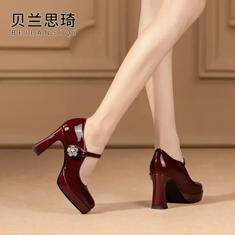 真皮一字带厚底粗跟单鞋女2025春秋季新款水钻走秀防水台高跟鞋商品大图