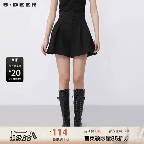S·DEER圣迪奥女装时尚高腰压褶不规则黑色A字短裤S21480918商品大图