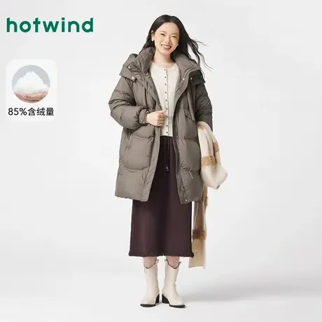 热风中长款羽绒服2024年冬季新款女士连帽加厚保暖棕色简约羽绒服商品大图