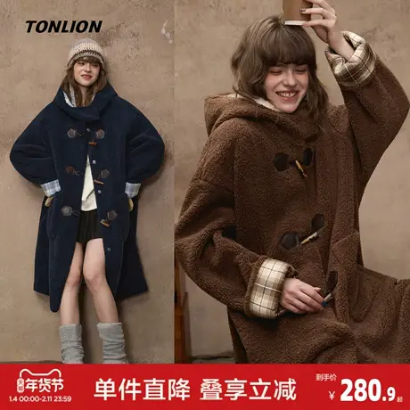 唐狮2026秋冬季超长款仿羊羔毛外套女连帽学院风慵懒美式复古时尚图片