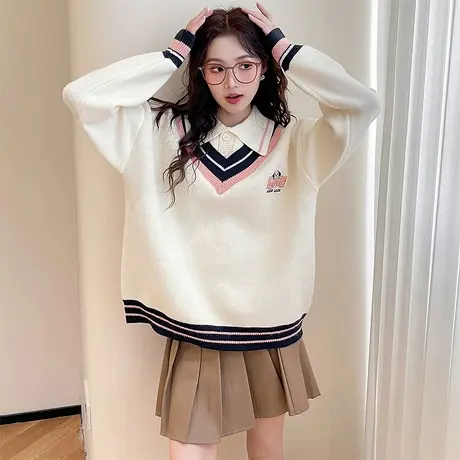 唐狮学院风假两件套头宽松套头春秋可外穿学院风上衣女装慵懒tu图片