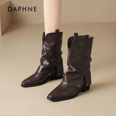 达芙妮棕色短靴女2026新款秋季堆堆靴美拉德骑士尖头马丁靴高跟鞋商品大图
