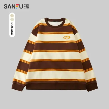 三福2023冬男士胶标条纹重磅卫衣 时尚宽松圆领上衣男477924商品大图