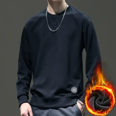 冬季内搭加绒加厚圆领卫衣秋冬款加棉抗寒男生长袖上衣冬天打底衫商品大图