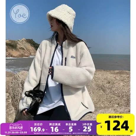 yoe冬季加绒白色仿羊羔毛外套女撞色上衣运动休闲宽松仿羊羔绒商品大图