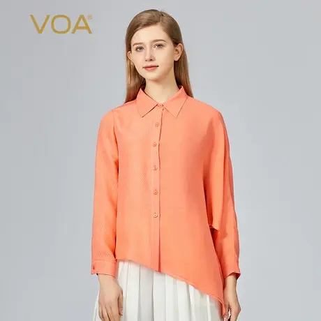 VOA提花桑蚕丝衬衫领长袖单排扣拼接乔其不规则下摆宽松橙色衬衫图片