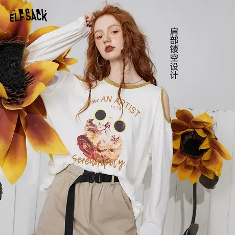 妖精的口袋白色t恤女2023秋新款露肩印花宽松设计感长袖防晒上衣商品大图