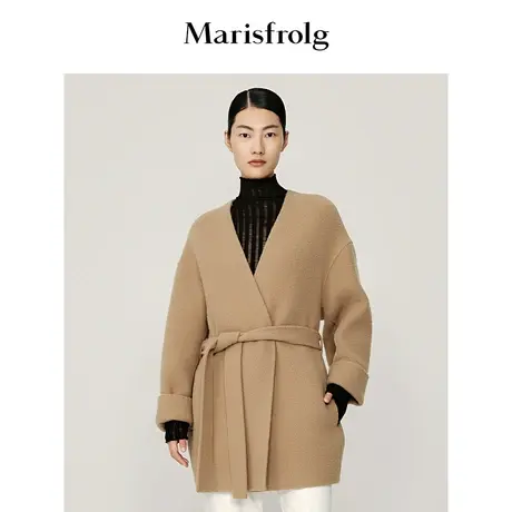 【意大利进口面料】玛丝菲尔冬季卡其无领收腰羊毛双面呢毛呢外套商品大图