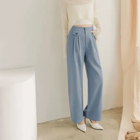 桔熊秋季通勤西服裤子女纯色设计感口袋宽松高腰直筒裤大码BA6851商品大图