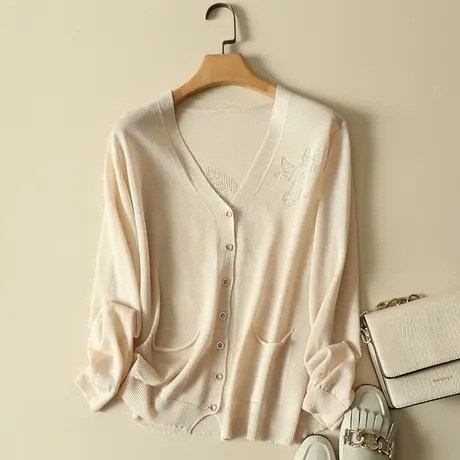 针织开衫女2024春装防晒衫新款韩版冰丝宽松薄款天丝亚麻外套上衣商品大图