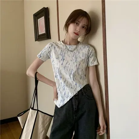 夏季2024年新款韩版修身显瘦扎染上衣不规则斜叉短袖T恤女装ins潮商品大图