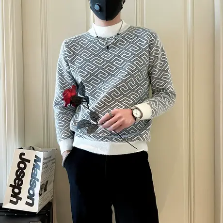 毛衣男秋冬新款满印菱格提花半高领针织打底衫潮牌青年内搭毛线衣商品大图