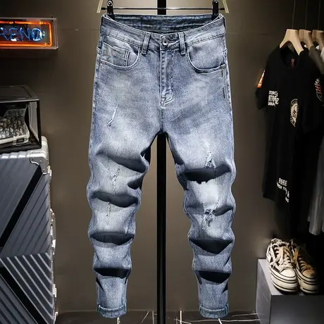 夏天薄款潮牌破洞牛仔裤男修身小脚男士韩版潮流百搭灰色长裤子男商品大图