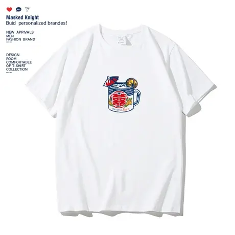 夏季国潮中国风红双喜杯子印花短袖T恤男学生纯棉宽松体恤衫商品大图