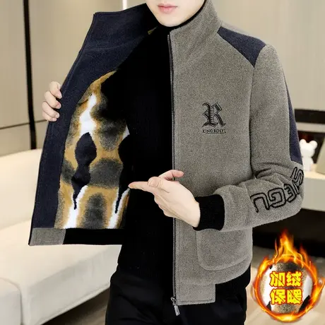 冬季金貂绒加棉夹克男士高级感毛呢大衣男装青年加绒加厚呢子外套商品大图