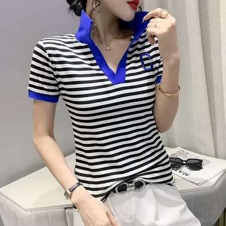 条纹polo衫女2023夏季新款时尚修身T恤短袖百搭个性上衣洋气半袖商品大图