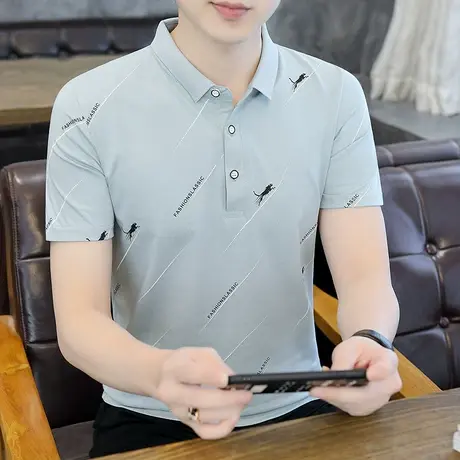 2023夏季新款男士青年潮牌短袖t恤翻领夏装修身潮流POLO衫上衣服商品大图