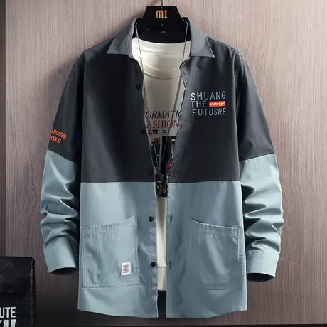 拼接男士衬衫长袖韩版潮流工装衬衣外套男春秋季休闲宽松潮牌衣服商品大图