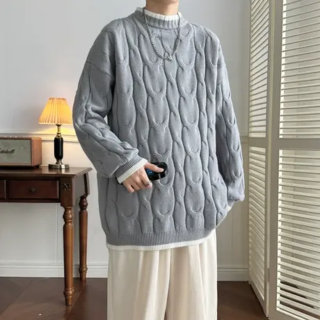 假两件绞花毛衣男士冬季加厚保暖针织衫男休闲宽松半高领打底线衣商品大图