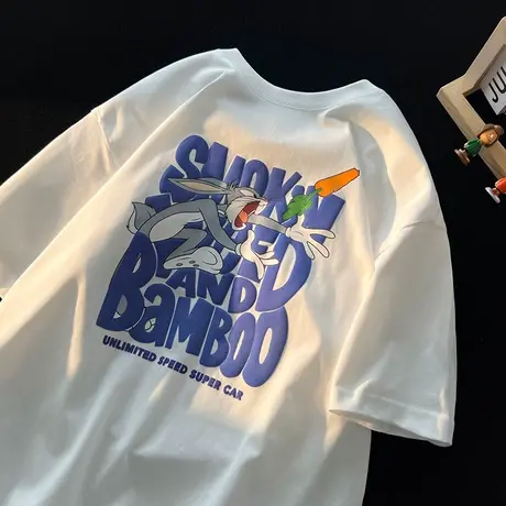 2025新款夏季薄款透气短袖T恤男潮牌字母卡通兔子印花圆领半截袖商品大图