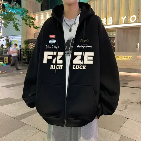 连帽卫衣开衫男春秋季2025新款运动机能外套ins潮流美式休闲上衣商品大图