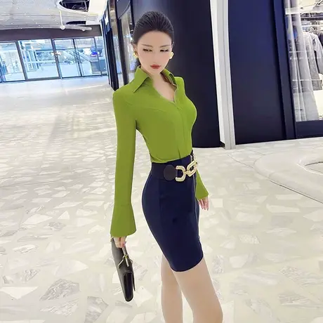 VJE女士时尚V领衬衫早春新款修身显瘦百搭长袖上衣图片