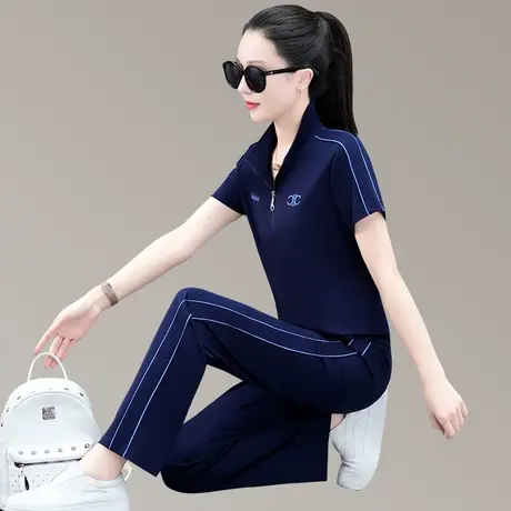 天丝阔腿裤休闲运动套装女士时尚宽松藏肉显瘦立领短袖薄款两件套商品大图