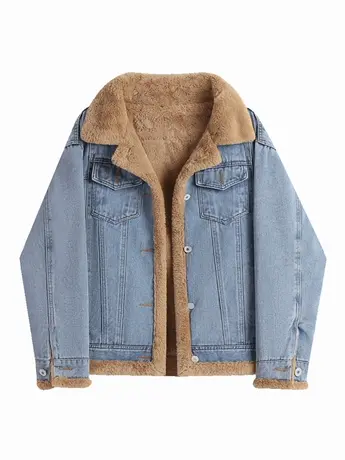 加厚牛仔外套女宽松慵懒风秋冬百搭复古大码上衣仿羊羔毛兔绒棉服商品大图