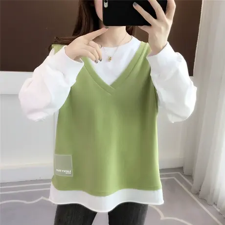 假两件拼接大V圆领卫衣女套头衫2023年秋冬新款女装百搭长袖上衣图片