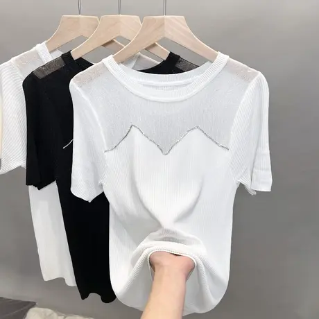 圆领冰丝针织衫女2023春夏秋新款蕾丝打底衫薄款上衣短袖t恤衫潮商品大图