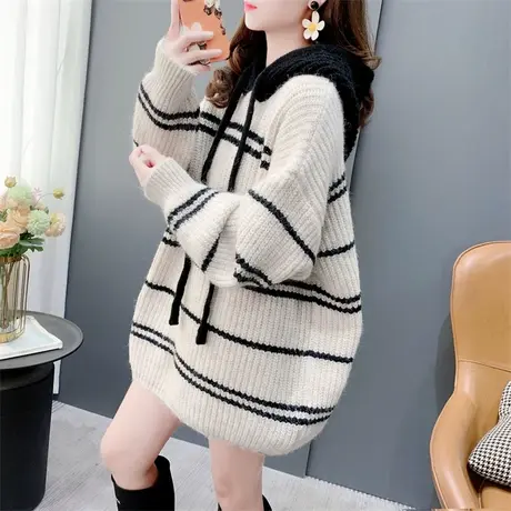 宽松慵懒风加厚连帽条纹毛衣女2023新款秋冬洋气减龄百搭爆款上衣图片