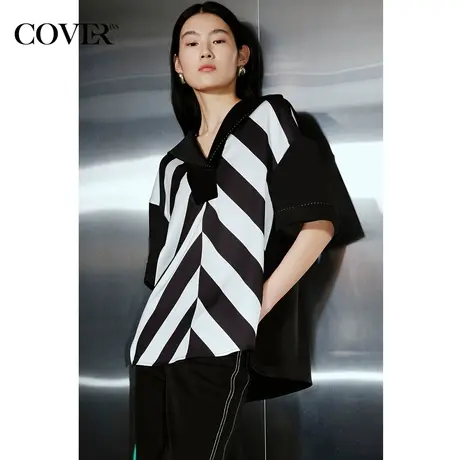 COVER夏季撞色慵懒落肩醋酸上衣商品大图