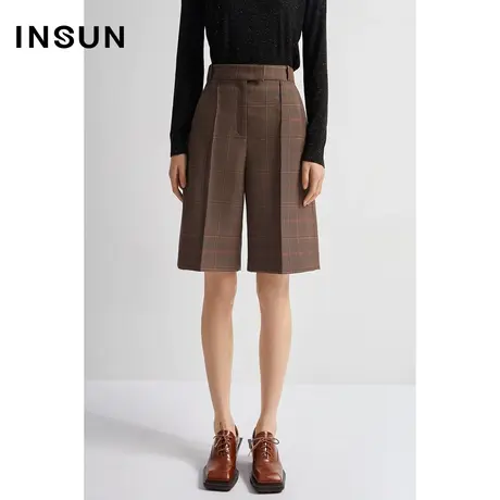 INSUN恩裳冬季美拉德格纹绵羊毛中筒休闲裤图片
