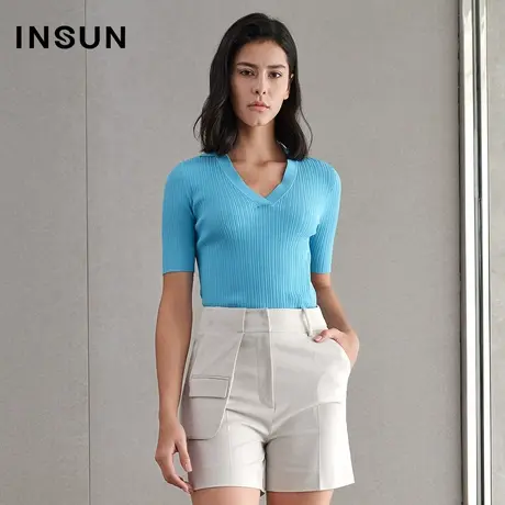 恩裳夏季毛针织衫短袖修身v领纯色薄款打底衫图片