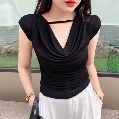 性感气质V领T恤女夏装网红辣妹短款上衣洋气无袖坎肩小衫修身丅恤图片