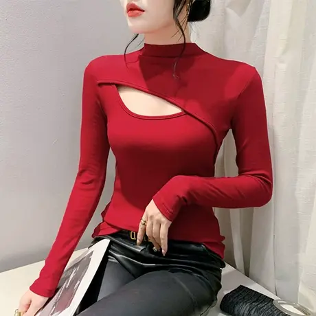 不规则镂空T恤女长袖性感立领加厚上衣秋冬新款修身复古打底衫潮商品大图